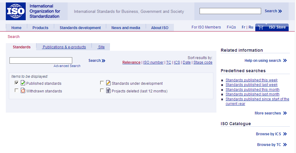 Obrázek 6 Vyhledávání norem na stránkách CEN 8.3 Mezinárodní organizace pro normalizaci ISO Domovská stránka: www.iso.