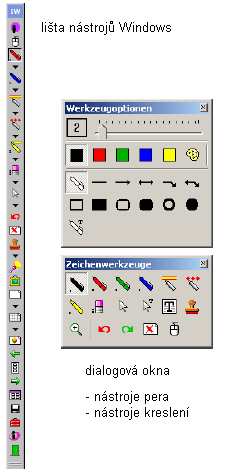 Volba pera u PC Lišta InterWrite symbolů je ve Windows standardně umístěna na pravém okraji promítaného obrazu. Můžete ji však přemístit i na levý okraj, nebo nahoru či dolu.