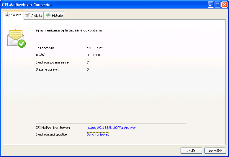 Snímek obrazovky 7: Shrnutí synchronizace Po dokončení synchronizace se zobrazí shrnutí s následujícími informacemi: Čas zahájení: Čas, kdy byla synchronizace zahájena.