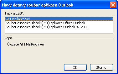 Snímek obrazovky 13: Přidání nové poštovní schránky 2. V dialogovém okně/na kartě vyberte položku Poštovní schránka softwaru GFI MailArchiver a klikněte na možnost Přidat.