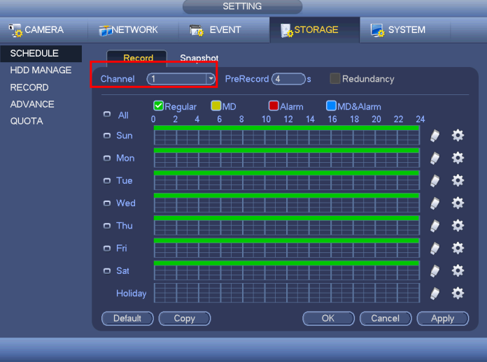 2.3 Nastavení nahrávání (Podle plánu) 2.3.1 Schedule Menu (Plánovací Menu) V hlavním menu, Storage-Schedule můžete měnit parametry pro plánované nahrávání, viz. Obr 2-5.