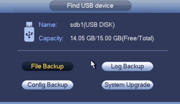 2.4.3 Backup (Zálohování) Provedení zálohy na externí USB zařízení (harddisk / flashdisk). Vložíme klíčenku do USB portu, objeví se menu. Zde zvolíme File backup.