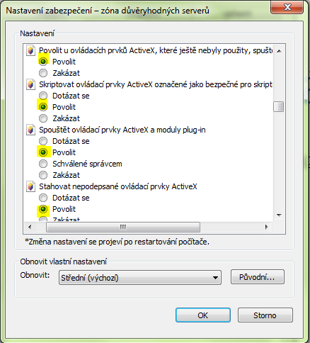 V případě problémů, kdy se stále nedaří prvky ActiveX nainstalovat, zkontrolujeme nastavení úrovně zabezpečení (tlačítko Vlastní úroveň), popř.