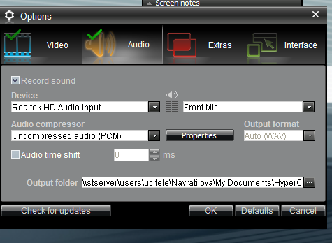 5 krok Práce s programem Podokno Option AUDIO Record Sound zaklikněte, pokud chcete mít video i se zvukem pracovního prostředí (zvuk erroru, klikání ) nebo