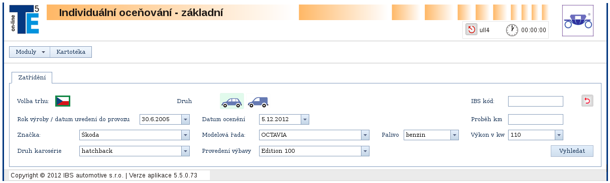 Příklad - zatřídění, ocenění a převedení vozidla do ISOVu Chci vyhledat (zatřídit) osobní automobil Škoda Octavia II 2.0 FSI Edition 100 (A6), 110