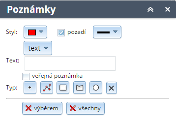 Nástroj pro měření plochy polygonu Nástroj aktivujete kliknutím na tlačítko. Postupným klikáním do mapy určujete vrcholy polygonu, z něhož se následně vypočítává obsah výsledného útvaru.