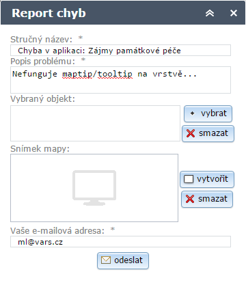 2:12 :: Report chyb Nástroj pro hlášení chyb umožňuje uživateli hlásit chyby v aplikaci či v publikovaných mapových datech nebo zadávat připomínky.