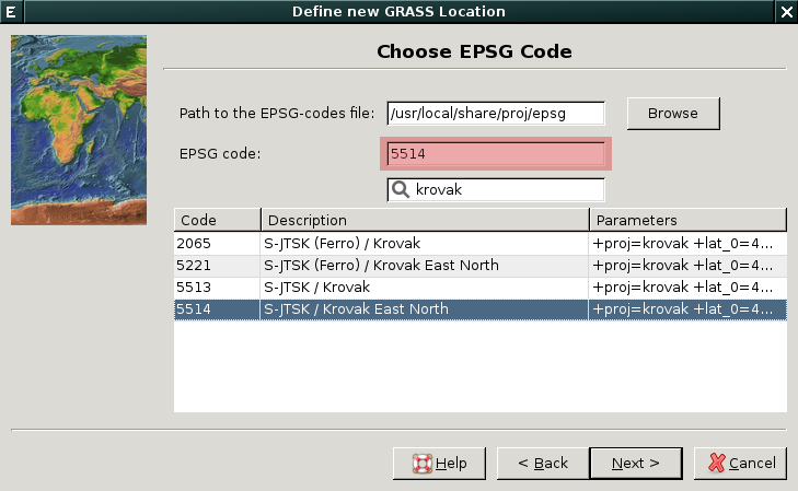 Obrázek 7.28: Vytvoření lokace pro S-JTSK (krok 2). Poznámka: EPSG:5514 podporuje systém GRASS pouze pokud používate verzi knihovny PROJ.4 4.9 a vyšší.