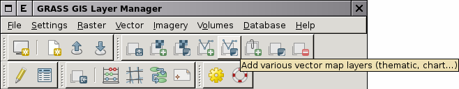 Obrázek 2.38: Volba vektorové mapy. z menu File Map display Add vector pomocí klávesové zkratky Ctrl+Shift+V z příkazové řádky (Command console) správce vrstev příkazem d.vect Obrázek 2.