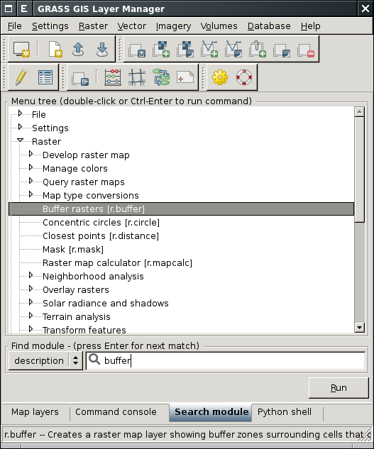 Obrázek 2.42: Spuštění modulu r.buffer z menu správce vrstev. Obrázek 2.