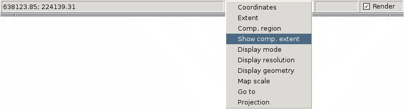 Zobrazení aktuálně nastaveného regionu z příkazové řádky g.region -p Aktuální nastavení výpočetního regionu lze zobrazit i ve stavové liště mapového okna (volba Comp. region ). Formát: Obrázek 3.