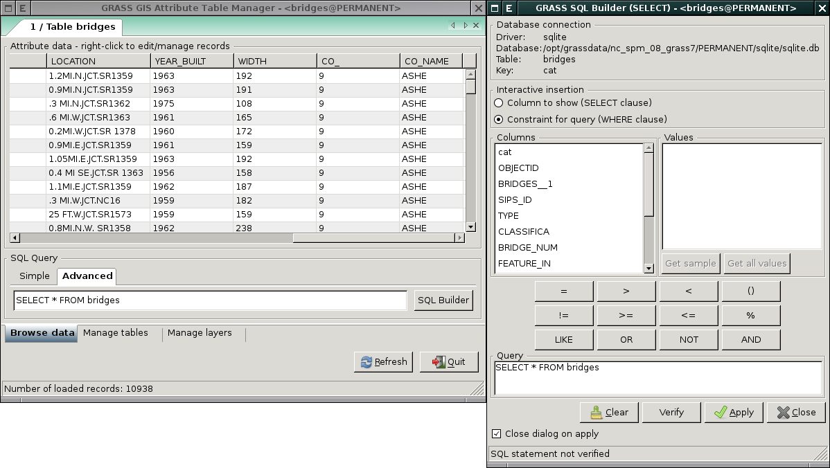 Obrázek 4.13: Spuštění SQL Builderu ze správce atributových dat. Obrázek 4.14: Správce atributových dat a SQL Builder.