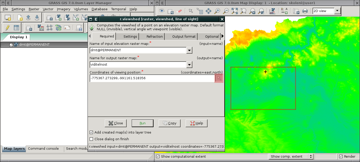 5.4.3 Analýza viditelnosti Klíčový modul pro výpočet analýzy viditelnosti je modul r.viewshed (Raster Terrain analysis Visibility). Obrázek 5.