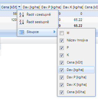 Obr 8. Návrh racionálního hnojení Obr 9. Výběr zobrazovaných sloupců a řazení 2.3 Tiskový výstup Vytvoření tiskového výstupu racionálního hnojení se provede kliknutím na ikonu.