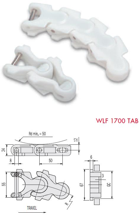 Kardanové termoplastové řetězy ŘADA 1700 / 1700 TAB 46 1700 Destičky ze samomazné acetalové pryskyřice s velmi malým třením.