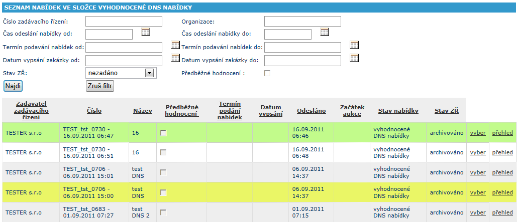 Obrázek 28 - Levé menu - Nabídky Vyhodnocené DNS nabídky Obrázek 29 - Vyhodnocené DNS nabídky Odeslané nabídky, které prošly vyhodnocením zadavatele, máte k dispozici ve složce vyhodnocené DNS