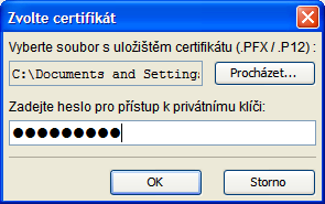 Obrázek 46 - Výběr certifikátu ze souboru Zobrazí se okno pro vyhledání certifikátu a zadání hesla k tomuto certifikátu (Obrázek 47).