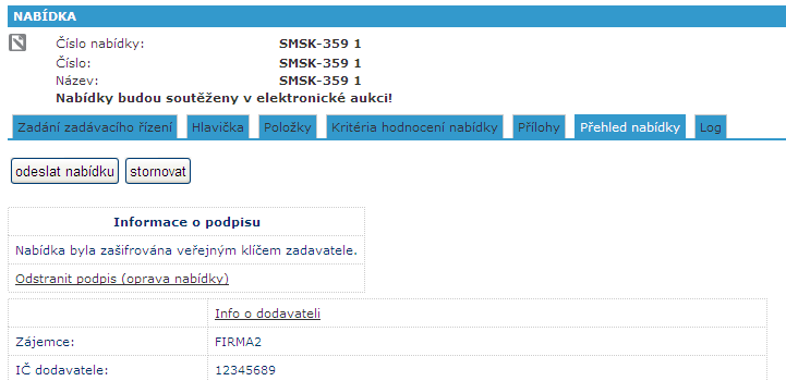 Obrázek 50 - Souhlas s odesláním podepsaného dokumentu Následně je třeba souhlasit s nahráním podepsané (a případně zašifrované) nabídky zpět do elektronického nástroje Softender (Obrázek 50).