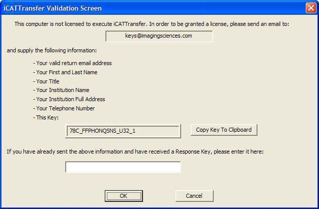 GENDEX Heslo pro icattransfer Když se poprvé spouští icattransfer, otevře se ověřovací obrazovka icattransfer Validation Screen (viz níže).