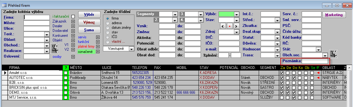Kontakty 4 12 Kontakty Filtr Poznámka V přehledu firem, na kartě hledání firmy, v křížových tabulkách firem a tisku lze nyní vyhledávat podle poznámky v kontaktu.