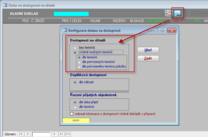 Zakázkový systém 38 Do systému byla doplněna konfigurace dotazu na dostupnost o přepínač dohledání zboží ve vystavených objednávkách "dle termínů" (stávající funkčnost = výchozí, potvrzený termín na