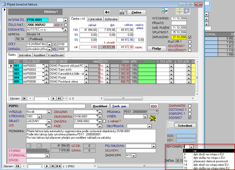 45 7.4 Novinková dokumentace Soft-4-Sale G5.44A Došlé faktury Typ Rev-Charge U pole Rev-Charge neexistuje číselník, pole je plněno přednastavenými hodnotami.