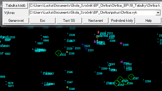 Postup vygenerování kódů: Vygenerování kódů bylo uskutečněno přes ikonu výkres kódovaný SS do výkresu, zobrazila se tabulka, pak byla vybrána z adresáře tabulka kódů a výkres, do kterého byly mapové