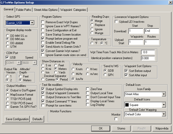 Postup: vypnout GPS propojení GPS s PC zapnutí programu nastavení programu Program G7towin V nabídce File Datum nastavit souřadnicový systém WGS 84 v Configuration na kartě General zaškrtněte