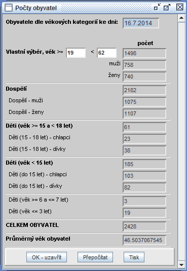 72 Akce Statistika - Počty obyvatel dle věku nabízí statistický přehled evidence obyvatel dle věkových kategorií k aktuálnímu dni a umožňuje jeho vytisknutí.