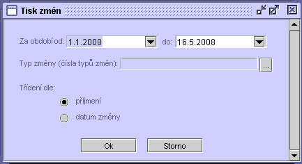 1. Zadejte období od-do, za které se mají změny tisknout. 2. Tlačítkem se třemi tečkami proveďte výběr typů změn, které chcete vytisknout. 3.