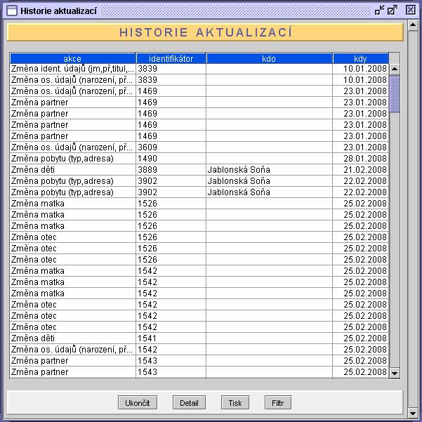 94 5. Zadaná kritéria filtru potvrďte tlačítkem OK-vybrat nebo je zrušte tlačítkem Storno. Zobrazí se okno Historie aktualizací s vyfiltrovaným seznamem v minulosti provedených změn. 6.