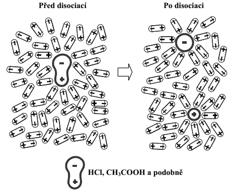 B) Disociace látek s velmi polární kovalentní vazbou U molekul s vazbou polární kovalentní je rozložení vazebného elektronového páru mezi atomy nerovnoměrné.