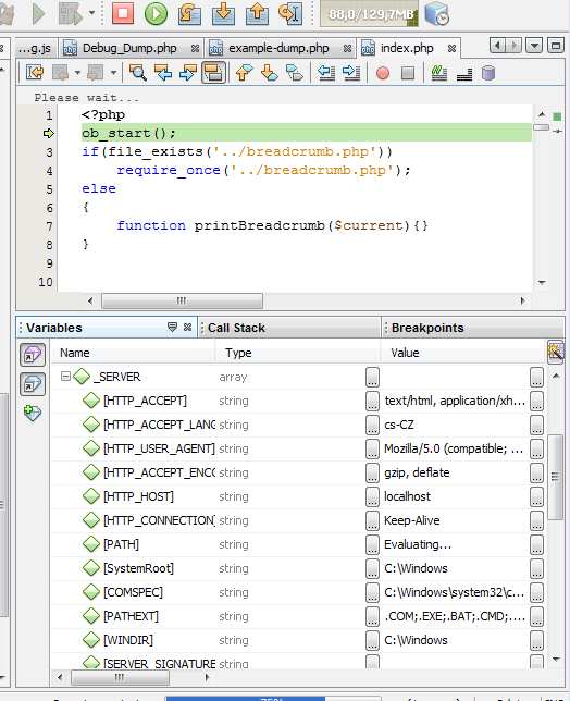 3 Stávající řešení Strana 19 Obr. 6 Ladění aplikací v Netbeans s pomocí Xdebugu 3.