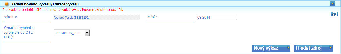 zdroj. Po této akci se předplní výběr zdrojů v položce Označení výrobního zdroje dle CS OTE a zpřístupní se tlačítko Nový výkaz viz následující obrázek.