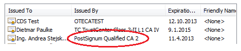 v záložce Osobní (Personal), vybrat ze seznamu certifikát od PostSignum, resp.