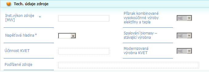 Tato část formuláře obsahuje další informace důležité pro formu podpory. Instal. výkon zdroje povinná hodnota výkonu v MW. Podle velikosti výkonu se omezují možnosti forem podpory.