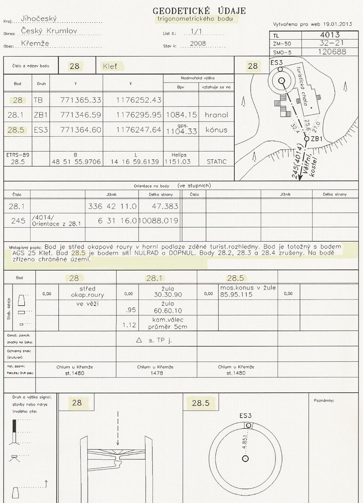 Kleť bod ČSTS č. 28 ( TL 4013 ) Formulář GEODETICKÉ ÚDAJE je zaveden pro každý trigonometrický a zhušťovací bod. V tomto případě má TB ještě tzv.