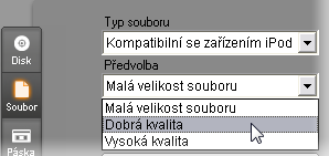 Klepněte na předvolbu kvality, která vyhovuje vašim potřebám, nebo vyberte možnost Vlastní, potom klepněte na tlačítko Nastavení a otevřete panel nastavení Vytvoř soubor (viz strana 392).