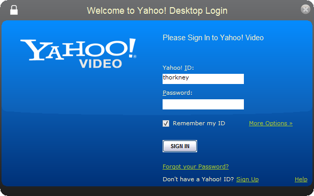 Pokud již nejste přihlášeni, zobrazí se dialogové okno Yahoo! Desktop Login (Přihlášení k portálu Yahoo!). Pokud máte existující identitu Yahoo! Identity, zadejte nyní své uživatelské informace.