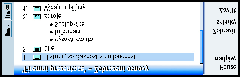 208 Kanceláø Zobrazení osnovy Pro zobrazení náhledu celé prezentace stisknìte Zobrazit osnovu. Zobrazí se osnova, ve které je ve formì seznamu uveden textový obsah prezentace. Viz obrázek 82.