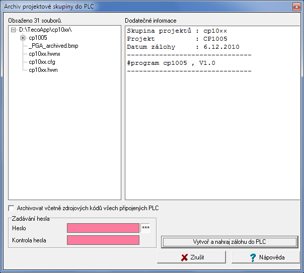 Programovatelné automaty TECOMAT FOXTROT CP-1004, CP-1014 7.5.3. Archivace projektu v PLC PLC FOXTROT umožňují archivovat uživatelský projekt přímo do centrální jednotky.