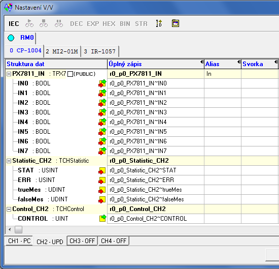 Poskytovaná data 3. Centrální jednotka CP-10x4 Kanál CH2 v režimu UPD poskytuje informace o vstupech a výstupech na submodulech PX-7811 a PX-7812.