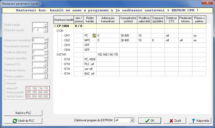 Programovatelné automaty TECOMAT FOXTROT CP-1004, CP-1014 centrální jednotky ikonu. Zobrazí se panel Nastavení parametrů kanálů (obr.7.1), který umožňuje nastavení všech parametrů centrální jednotky.