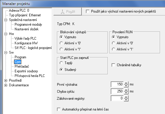 Programovatelné automaty TECOMAT FOXTROT CP-1004, CP-1014 Chráněné tabulky - určení rozsahu zálohování uživatelského programu v EEPROM Definování, jestli se zálohuje celý uživatelský program včetně