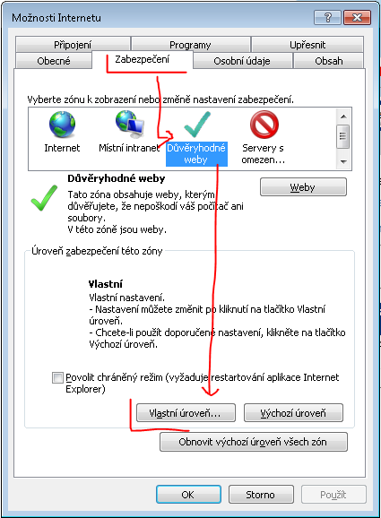 Nastavení prohlížeče Internet explorer pro tiskárny typu Datamax V okně "Možnosti Internetu" -> klikněte na záložku "Zabezpečení" -> "Důvěryhodné wevy(servery)" -> tlačítko "Weby(servery)" a do