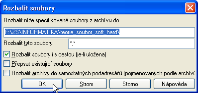 Dekomprese(rozbalení) souborů a adresářů Rozbalení archívu probíhá opět podobně. V aktivním okně si otevřu zabalený soubor (žlutá ikona) s příponou zip.