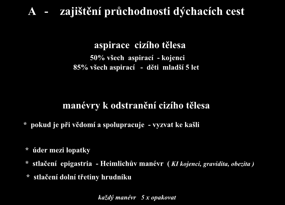 A - zajištění průchodnosti dýchacích cest aspirace cizího tělesa 50% všech aspirací - kojenci 85% všech aspirací - děti mladší 5 let manévry k odstranění cizího tělesa * pokud je při vědomí