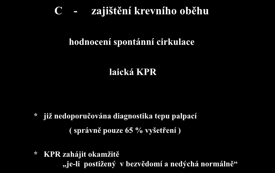 C - zajištění krevního oběhu hodnocení spontánní cirkulace laická KPR * již nedoporučována diagnostika tepu