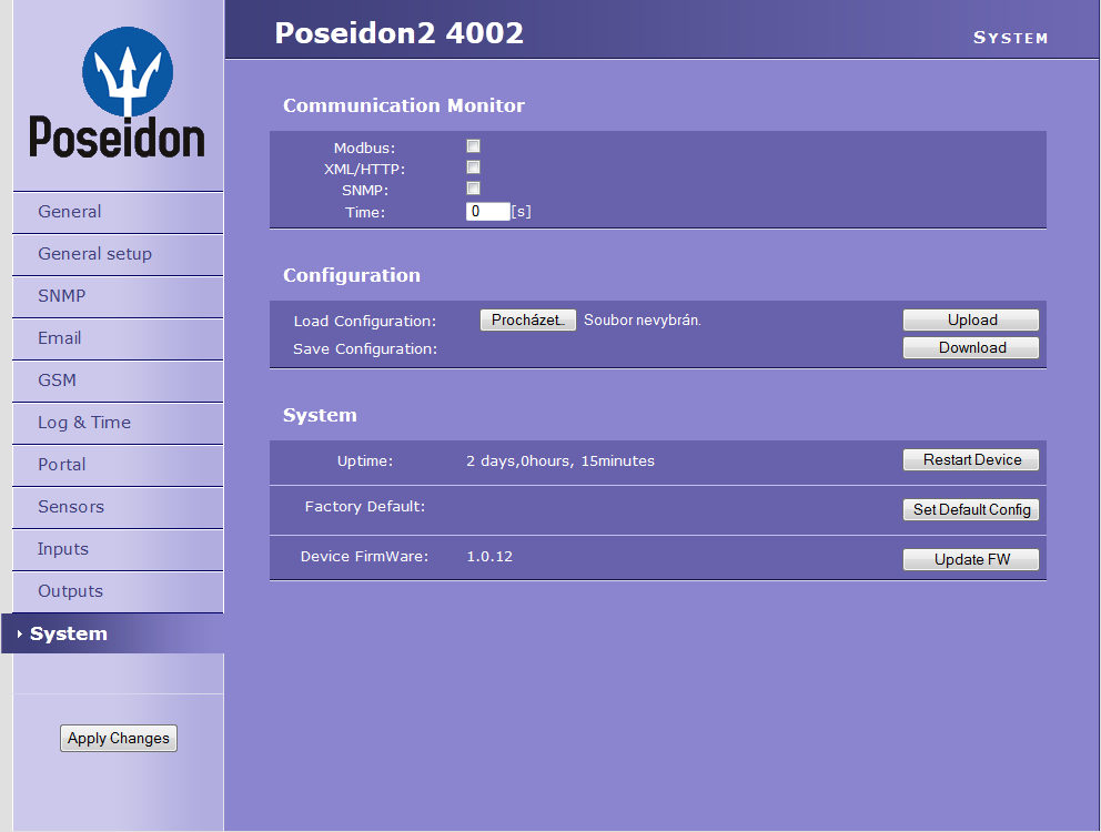 System Které protokoly a za jaký čas bude hlídat monitor komunikace. Nahrajte do Poseidon2 XML soubor s konfigurací z PC. Nahrání nového FirmWare do zařízení z PC.
