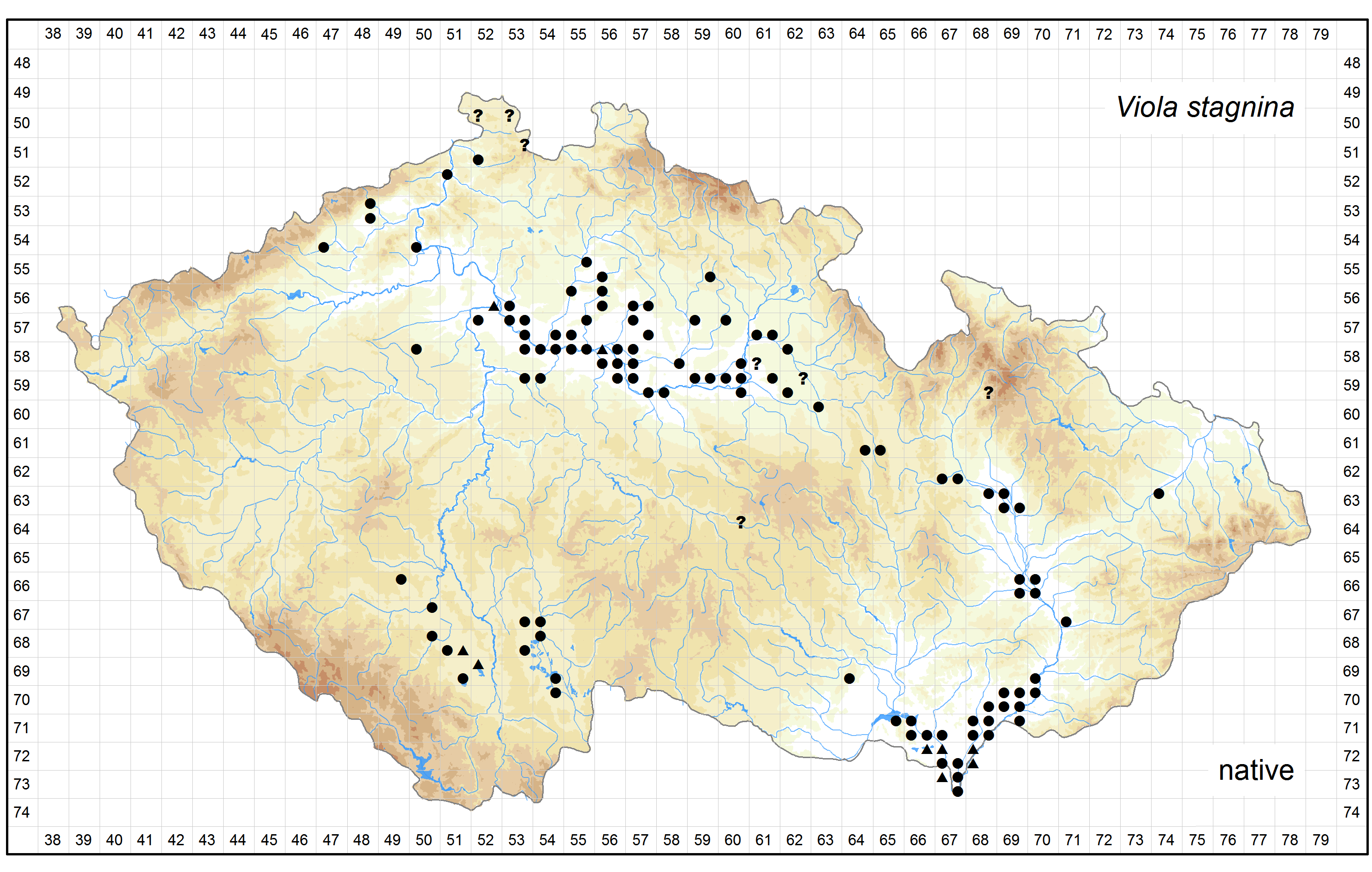 Distribution of Viola stagnina in the Czech Republic Author of the map: Jiří Danihelka Map produced on: 18-11-2015 Database records used for producing the distribution map of Viola stagnina published